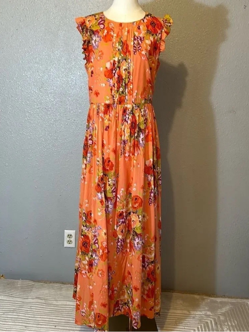 Floral Ruffle Sleeve Maxi Dress in Coral